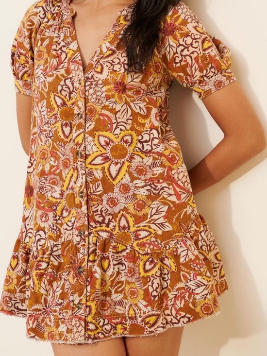Pilcro Dresses & Skirts - Anthropologie Floral Tiered V-Neck Mini Dress in Rust and Yellow